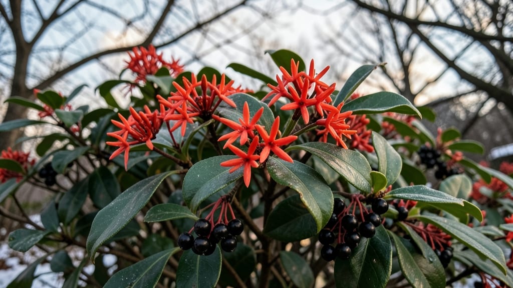 Skimmia Japonica with Red Berry-Like Flowers